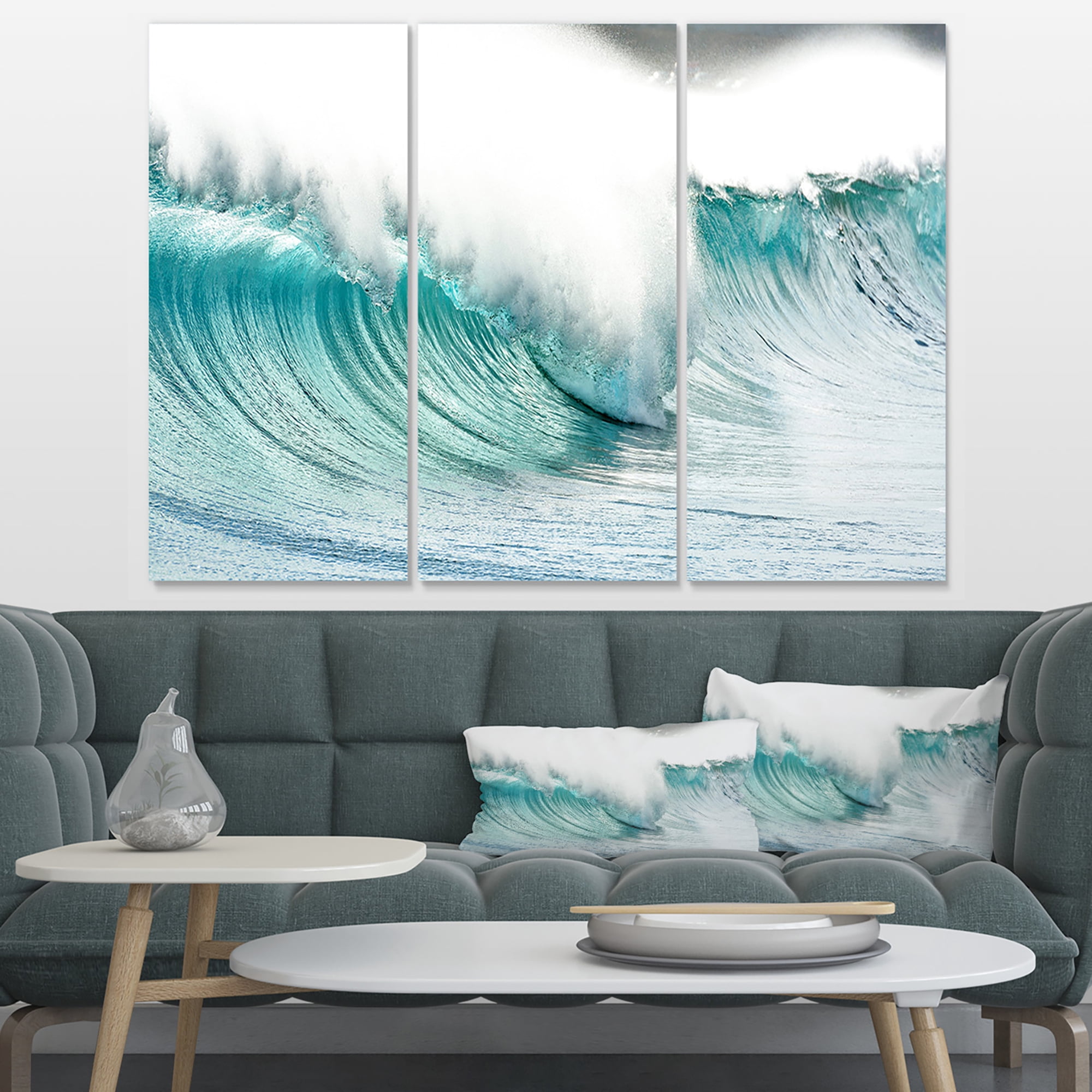 Designart 'Massive Blue Waves Breaking Beach ' Seashore Canvas Art Print