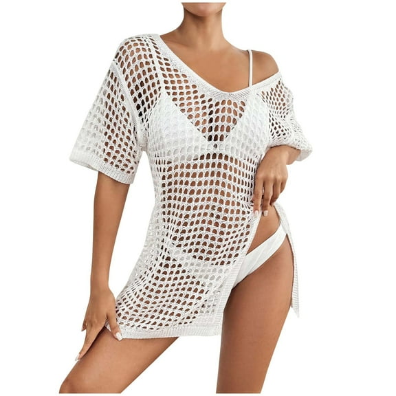 fatyb Swimsuit Cover up for Women Crochet V Neck Bikini Coverup Split Hollow out Knit Mini Beach Dress
