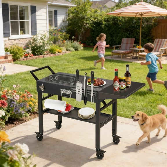 Portable Griddle Stand with Caddy, Foldable Grill Table Fits 17" 22" Blackstone & Ninja Tabletop Grill, Outdoor Use for Camping Tailgating