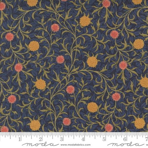 Cotton Morris Manor Flowers Dahlias Foliage Pattern Leaves Blue Moda Fabrics Cotton Fabric Print by the Yard (8393-14)
