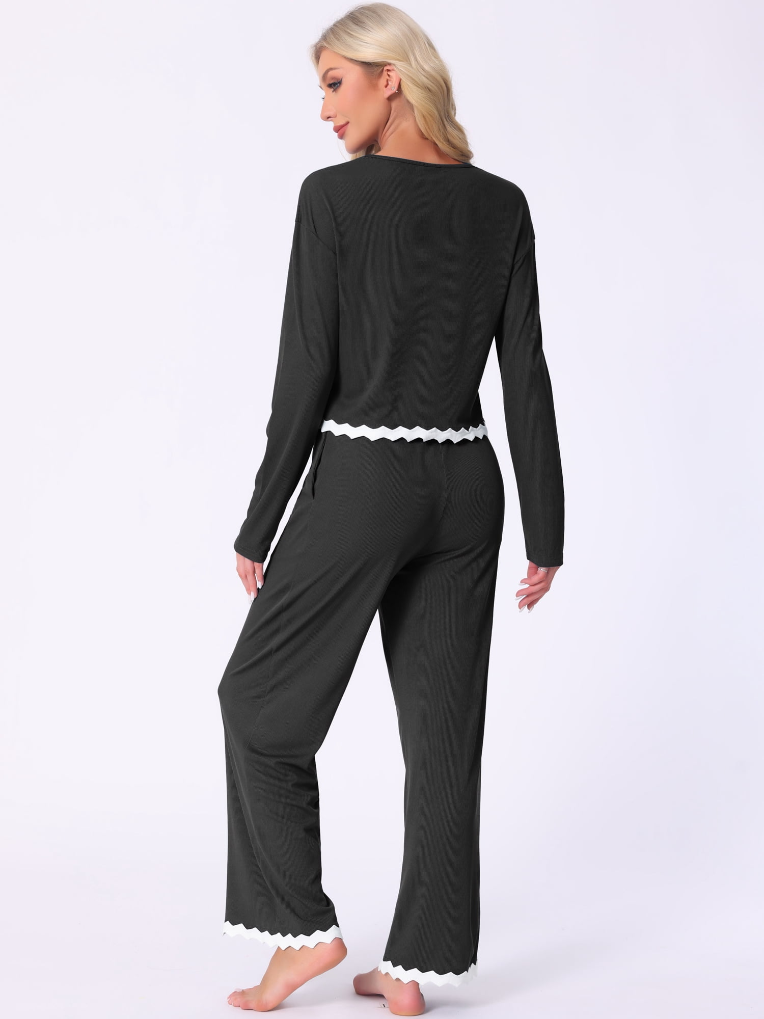DARING DIVA Long Sleeve Crewneck Lounge Sets Contrast Color Trims M Black