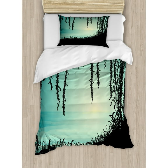 Dreamy Jungle Duvet Cover Set Twin Size, Liana Cave and Sea View Sunset Scene Early Morning in the Wild, Decorative 2 Piece Bedding Set with 1 Pillow Sham, Pale Green Charcoal Grey, by Ambesonne