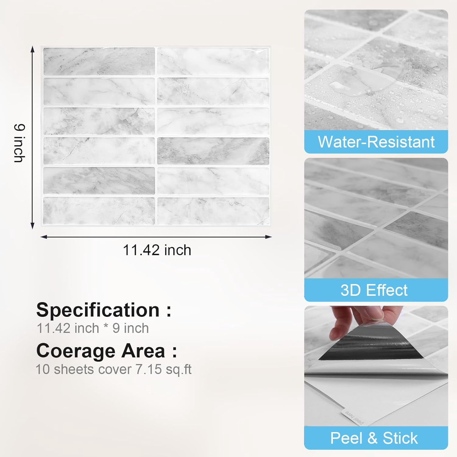 BEAUTYPEAK 11.4"x9" Peel and Stick Backsplash 10 Pack 3D Wall Tile for Kitchen, Bathroom, Gray Marble