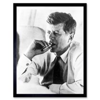 President John Kennedy Smoking Cigar JFK Vintage Black and White Photograph Art Print Framed Poster Wall Decor 12x16 inch