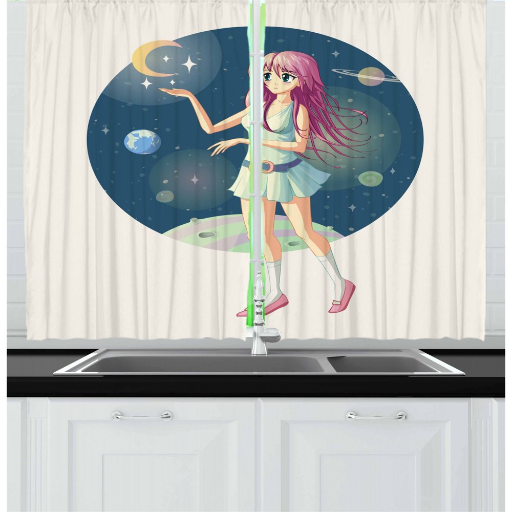 Anime Curtains 2 Panels Set, Illustration of a Girl against Background