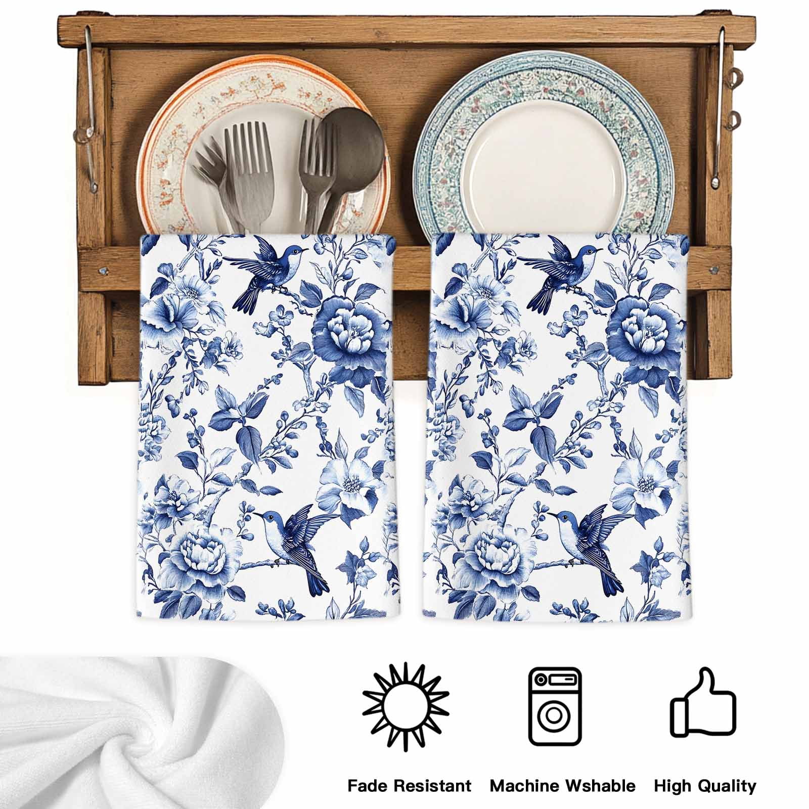 White Blue Spring Floral Kitchen Towels Set of 2, Summer Botanical Hummingbird Absorbent Dish Towels for Kitchen, Microfiber Hand Towel, Quick Drying Tea Towel for Cleaning Decorative Dishcloths