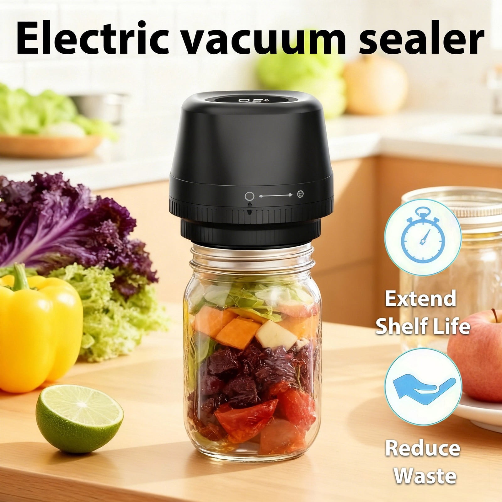 4-in-1 Rechargeable Vacuum Sealer for Mason Jars, Bags & Wine, Automatic Stop, LCD Display, Complete Food Preservation Kit with Pump and 10-Lids