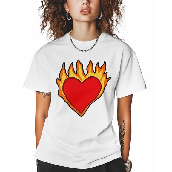 Women's Graphic T-Shirt White 5XL Women's Tops Flame Love Red Crew Neck Short Sleeve Shirts for Women