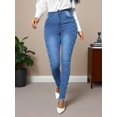 thumbnail image 2 of Women's High - Waisted Skinny Jeans Pearl - Embellished Women's Daily Elegant Street Bottoms Elegant Trend Cotton Denim Stretchy Fit Distressed Hem Light Blue Wash Fashion Party  Casual Pants, 2 of 3