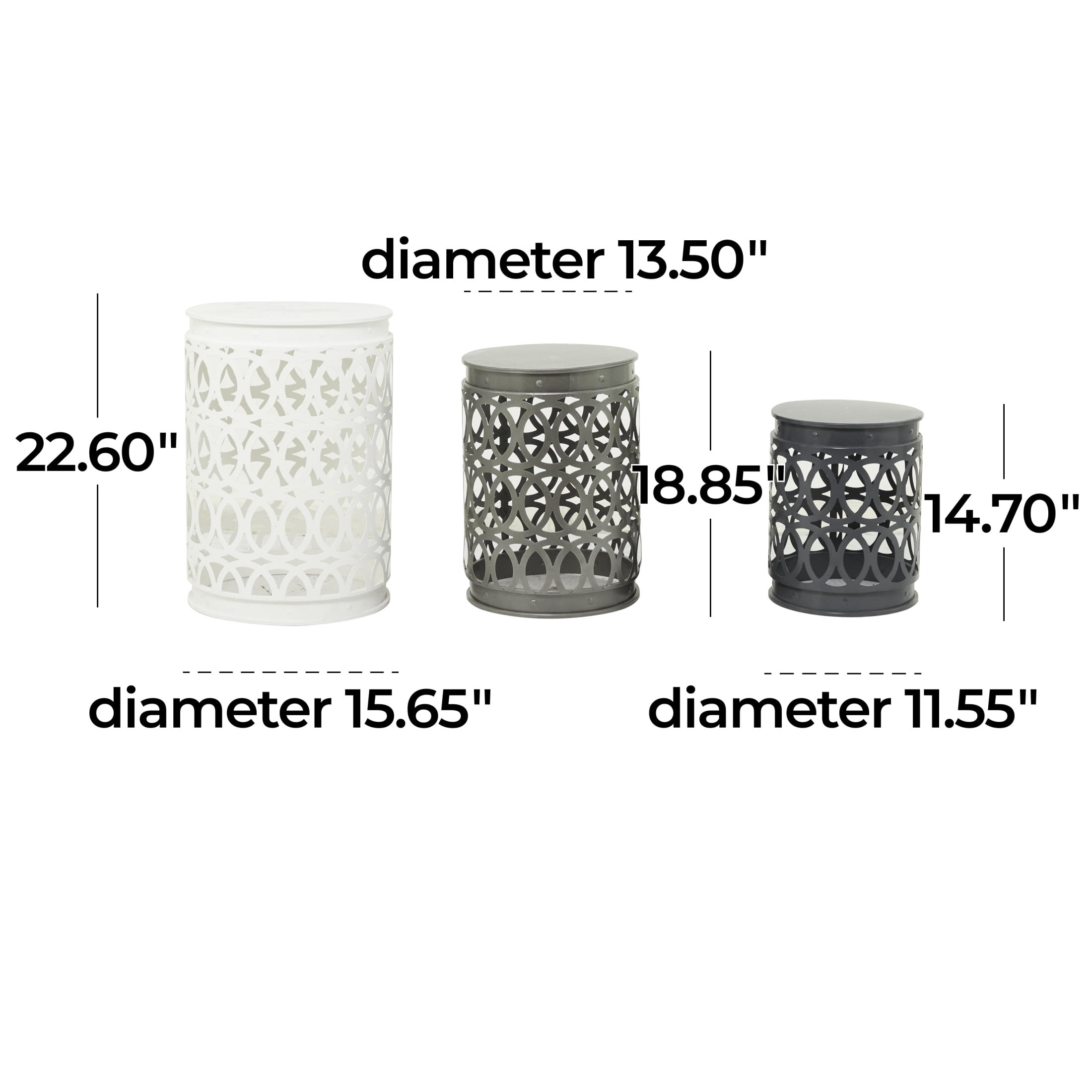 DecMode 16" x 23" Gray Metal Indoor Outdoor Nesting Geometric Accent Table with Cutout Circle Pattern, 3-Pieces