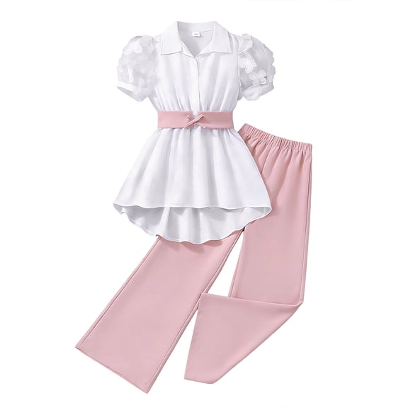 Huowey Girls Summer Outfit Solid Color Short Puff Sleeve Button Bown High Low Turndown Collar Shirt Straight Leg Trousers Two Piece Stylish Clothing Set Spring Travel Clothes,Pink,11-12 Years