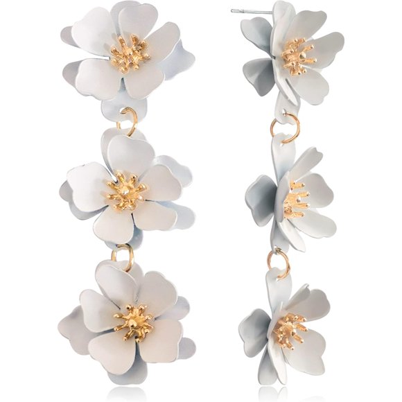 shiyou-Elegant Bohemian Matte Tiered Triple Flower Dangle Drop Earrings Chic Charm Cute Long Floral Stud Earrings for Women Girls Statement Jewelry Gifts