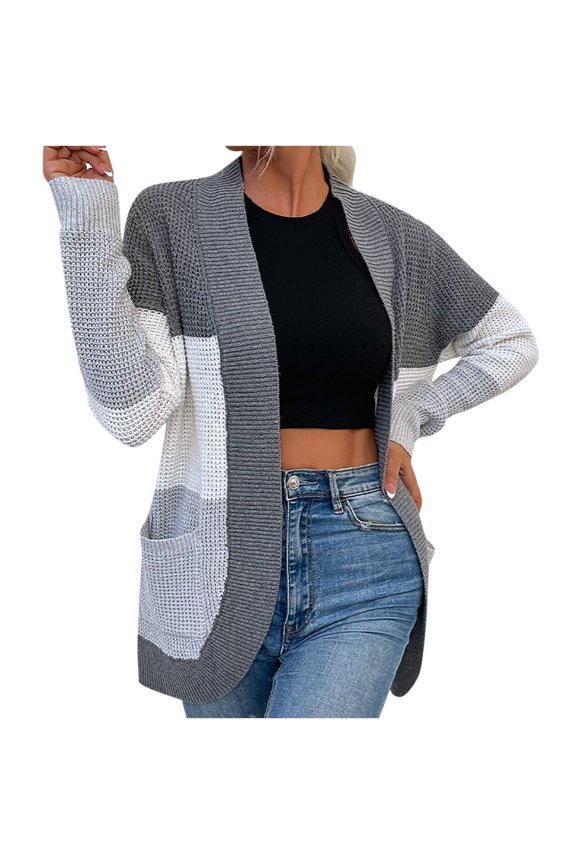 Women's Open Front Jacket Long Sleeve Contrast Color Cardigan Outwear, Casual Color Matching Long Cardigan Blouse Jacket