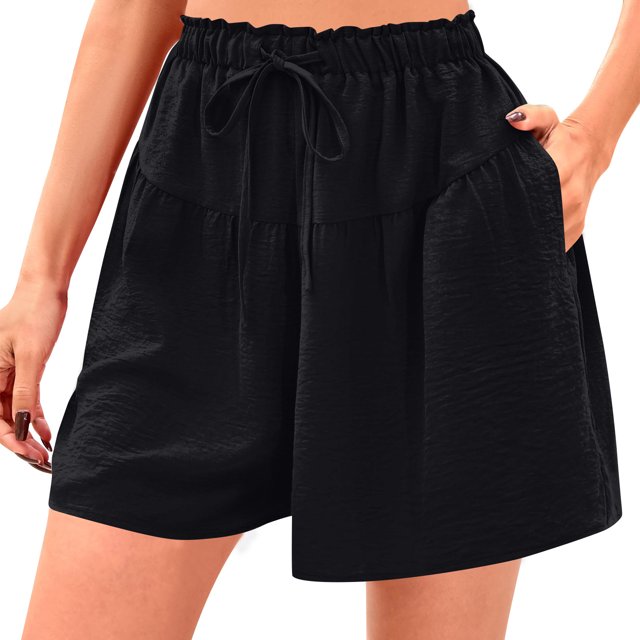 Ovticza Womens Linen Shorts 2025 Summer Drawstring Ruffle Elastic High Waist Solid Color Casual Beach Shorts with Pockets Black L