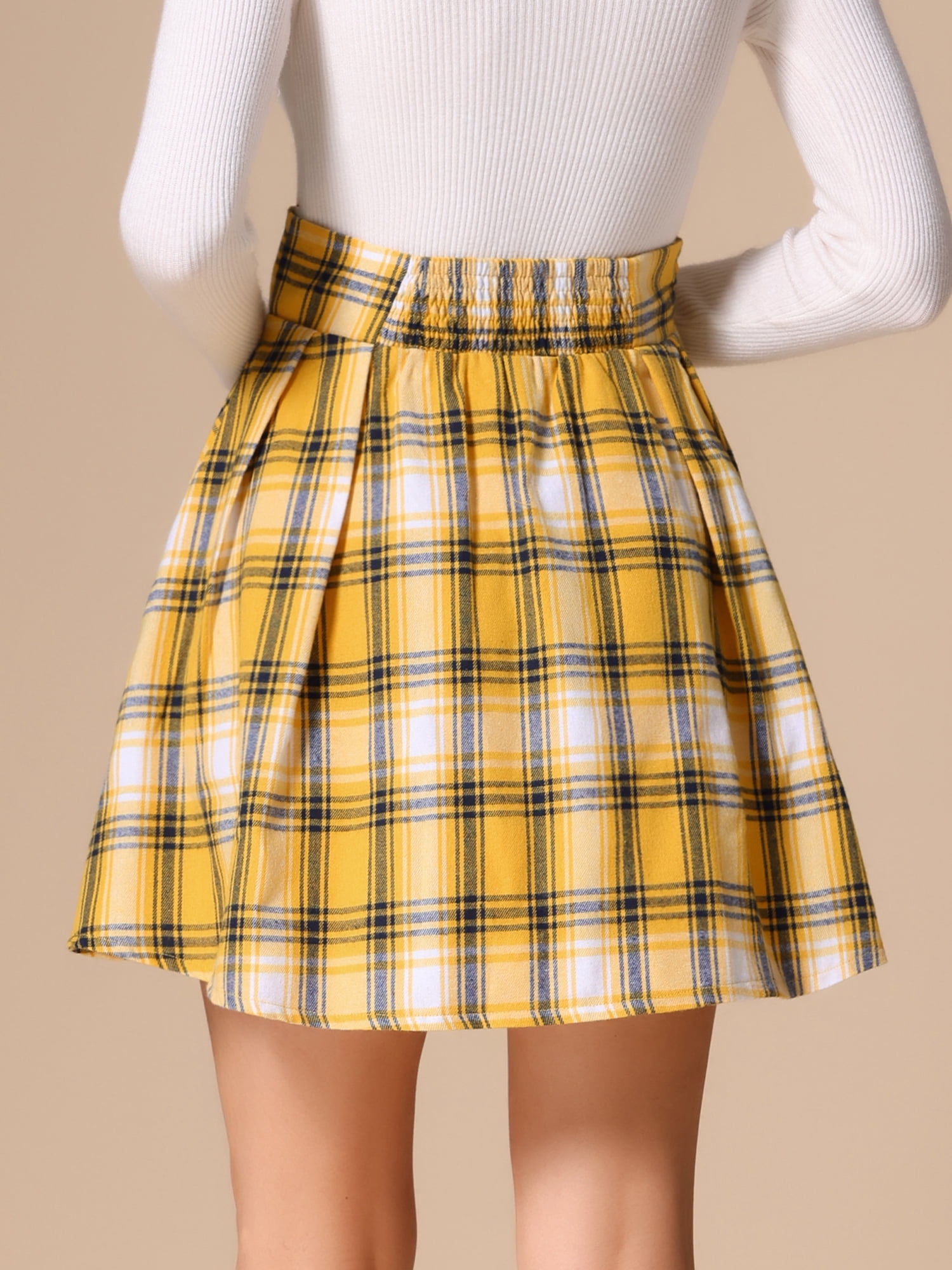 DARING DIVA Women's Plaid Tartan A-Line Buffalo Pleated Skirts M Yellow Blue