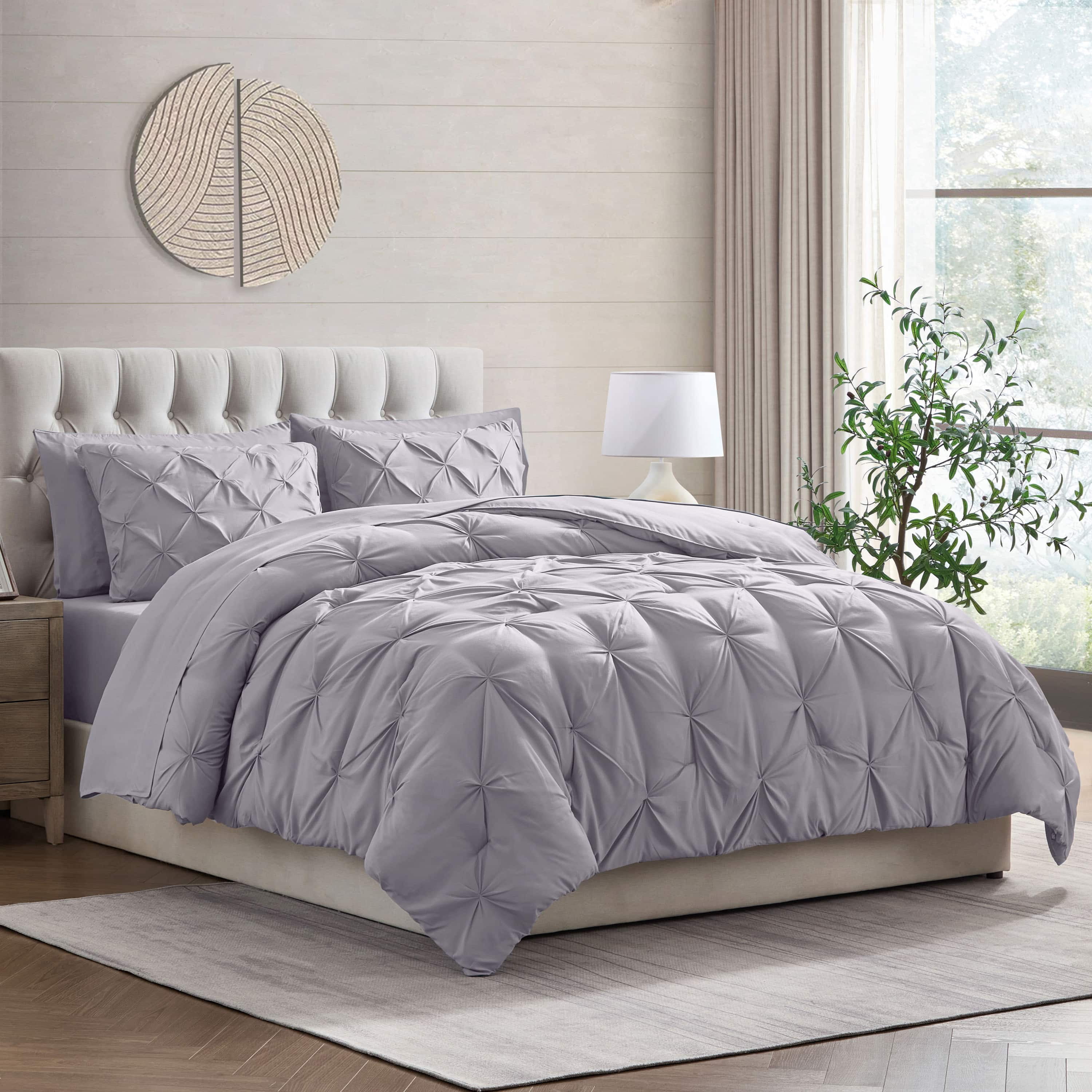 LammaLoe Full Size Comforter Sets, 7 Piece Bed In A Bag Pintuck Bedding Sets, Grayish Lavender