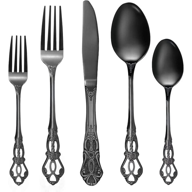 Juego de Cubiertos, Juego de Cubiertos de Acero Inoxidable de 20 Piezas, Servicio para 4, Acabado de Espejo, Apto para Lavavajillas, Caja de Regalo, Juego de Cubiertos Barrocos Antiguos, Negro Mate