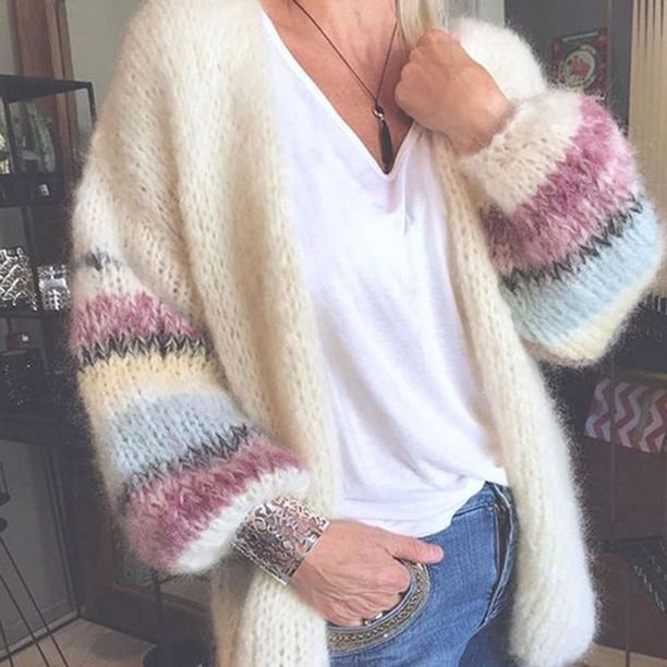 Cárdigan de mohair de rayas de colores llamativos para otoño e invierno, chaqueta de punto de Europa y Estados Unidos, cárdigan de mujer