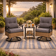 thumbnail image 2 of 3 Pcs Patio Furniture Set Clearance, Outdoor Chair Set of 2 with 2-Tier Table, Front Porch Rattan Wicker Bistro Set Cushioned, Heavy-duty Steel 360°Swivel  Balcony Conversation Set, 2 of 10