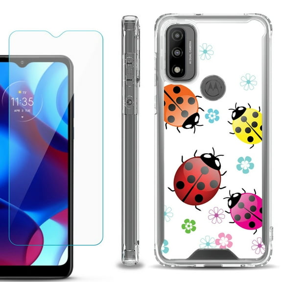 Shockproof Bumper Phone Case for Motorola Moto G Pure, with Tempered Glass Screen Protector, by OneToughShield ® - Ladybug