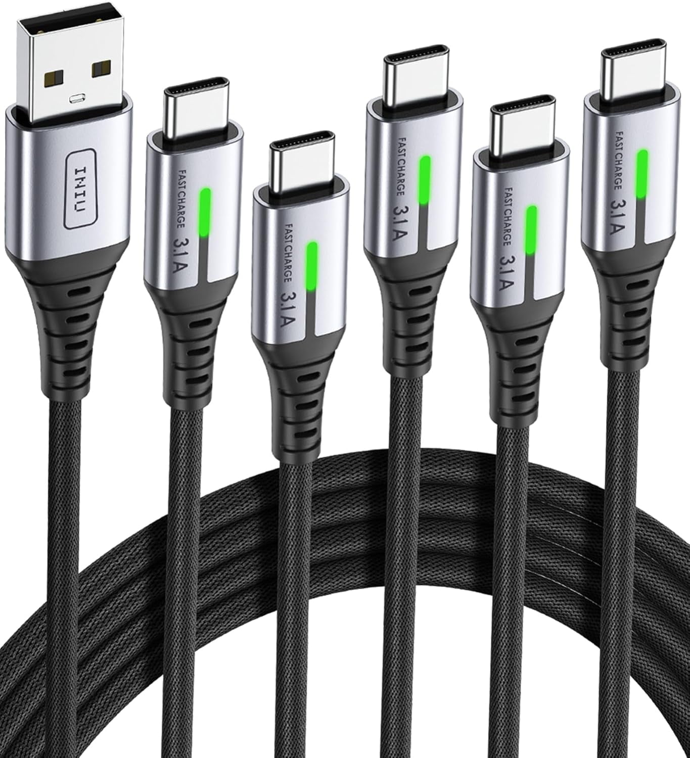RGHJAR-USB to C Cable Fast Charging, [5 Packs, 1.6FT+3.3FT2+6.6FT2] 3.1A Type C Cords, Nylon USB-C Phone Charger Cables for iPhone 16, Samsung S21, Google, Kid, Airplane, Business, Car