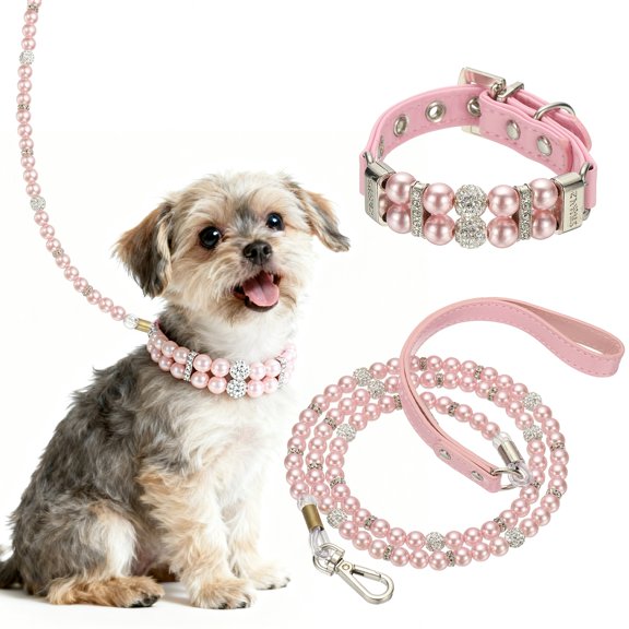 Uxcell Pearl Dog Collar, Bling Pearl Cat Collar with Leash Fancy Crystal Rhinestone Luxury Beaded Cute Wedding Necklace, (Pink, XS), Intended for Teacup /Puppies/Kitten/Small Pet