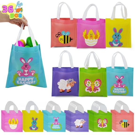 Joyfy 36 pcs Easter Bags, Non Woven Reusable Easter Tote Bags Bulk with Handles, 8.7 inches 6 Designs Gift Bags for Kids Egg Hunt Game, Party Treat, Party Favors