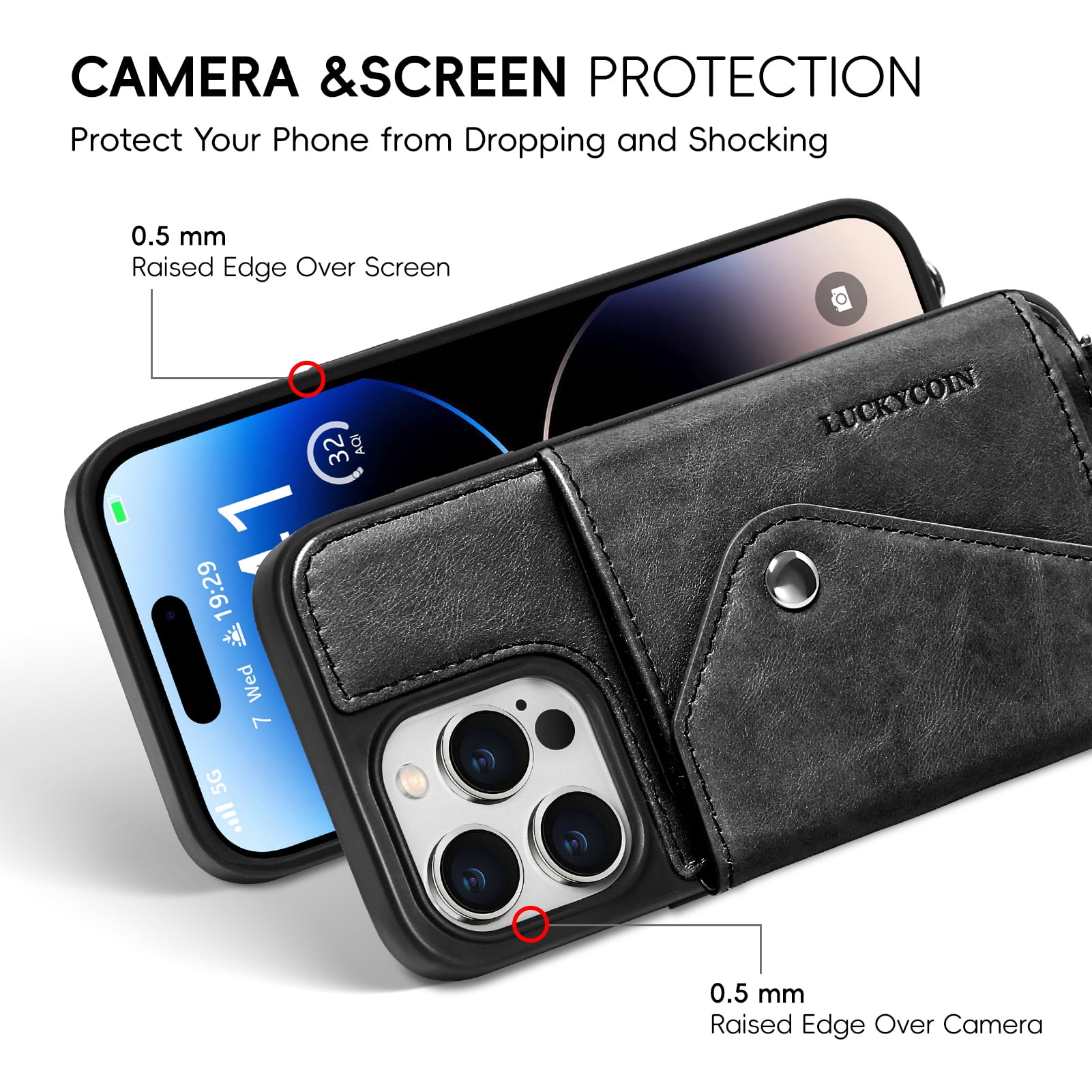 Handmade Genuine Leather Crossbody Wallet Phone Case for Apple iPhone 14 Pro 6.1-Inch,with Strap and Flip Wallet Card Holder,Shockproof Durable Scratch Protective