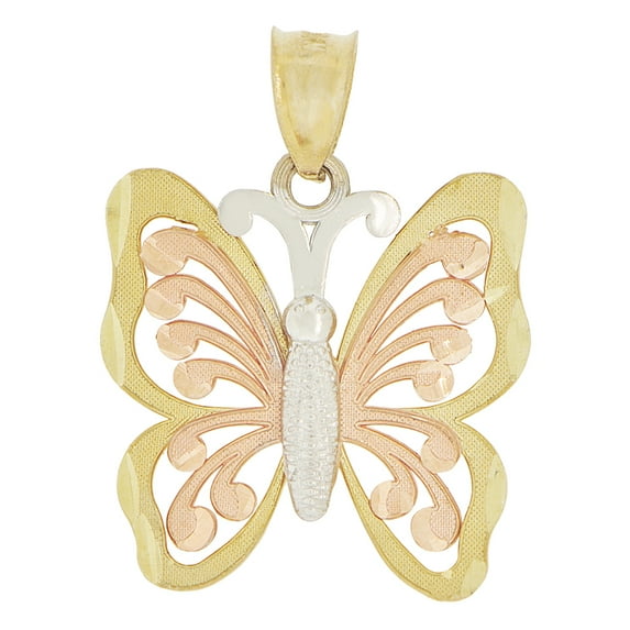 14k Tricolor Gold, Elegant Butterfly in Flight Pendant Charm 22mm NO Necklace