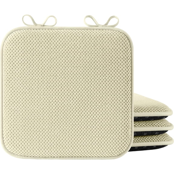 Chair Cushions for Dining Chairs, Set of 4 Memory Foam Seat Cushions with Non-Slip Backing & Ties, 16" x 16" x 1.5", Comfortable & Supportive Dining Chair Pads for Kitchen, Light Khaki