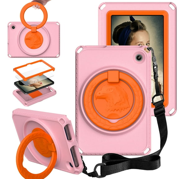 SaniMore Case for Fire 7" 12th Gen 2022, Kid-friendly EVA Shockproof Anti-drop Case with Shoulder Strap Rotating Holder Screen Protector Handle Stand Dual-layer Protective Case for Fire 7", Pink