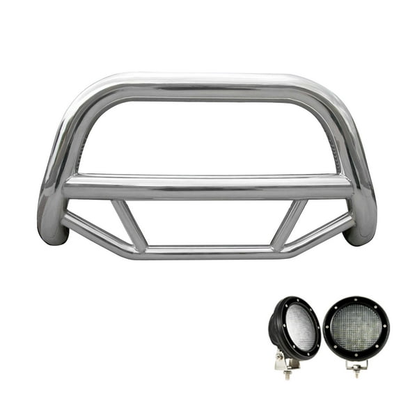 Black Horse Max Bull Bar No skid plate Stainless Steel Come with Pair of 5.3" Dia. LED Flood Lights w/Black Trim Rings Compatible with 2014-2018 Subaru Forester-MBS-SUS0102-PLFB