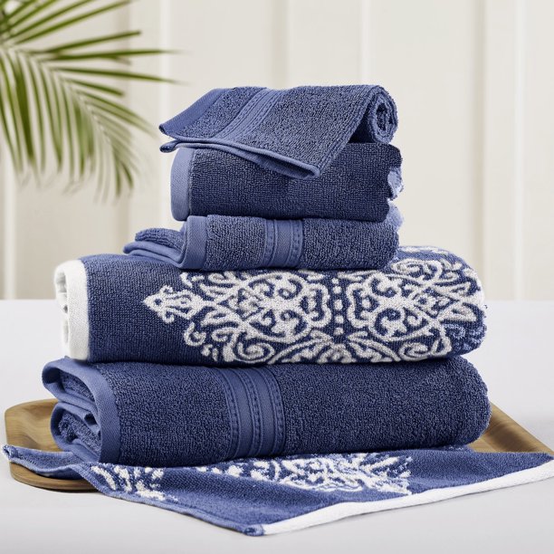 Modern Threads Juego de Toallas de Baño Artesia Damask de 6 Piezas, Color Índigo