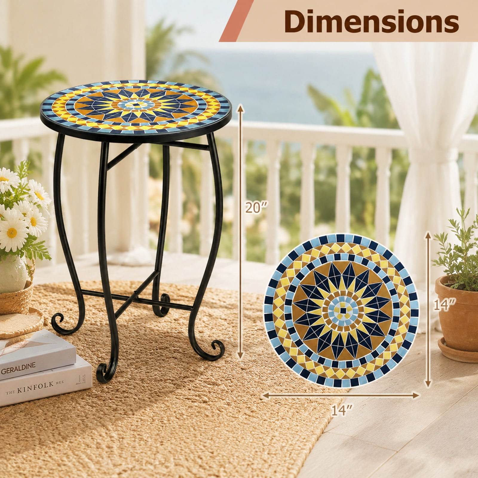 Biotree 14 Inch Mosaic Patio Accent Table, Metal Outdoor Side Table Plant Stand with Sunflower Floral Top and X-Base for Backyard Poolside, Yellow
