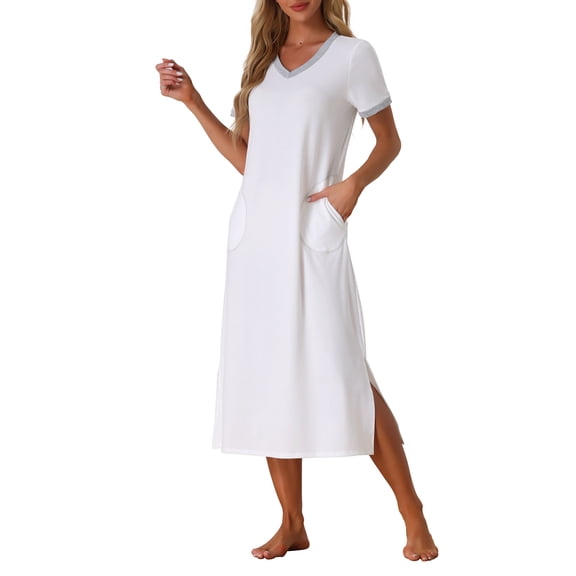 INSPIRE CHIC Women's V Neck Nightshirt Side Slit Nightgown Short Sleeve Long Sleepshirt with Pockets M White
