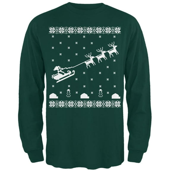 Flying Santa Sleigh Ugly XMAS Sweater Forest Adult Long Sleeve T-Shirt - Medium