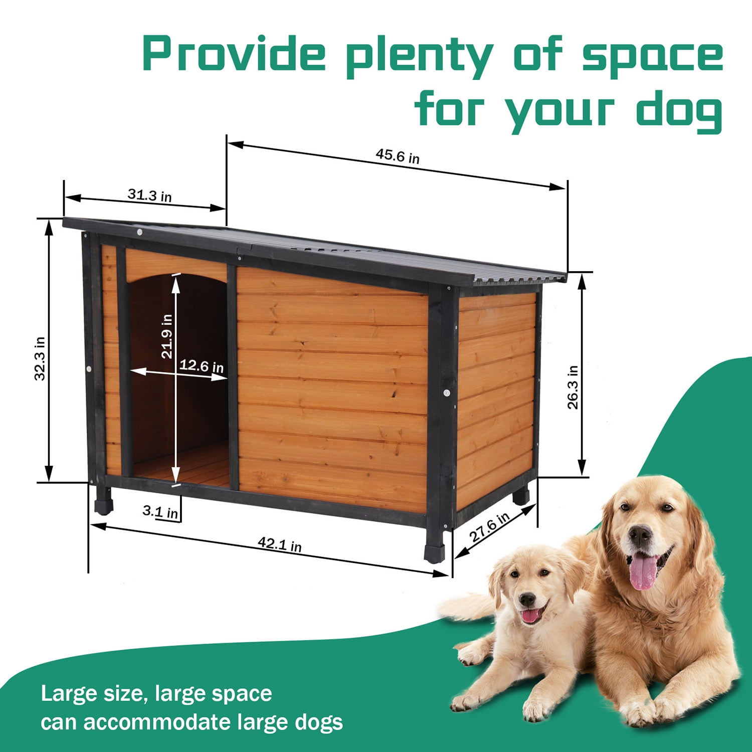 Kadyn 46"Dog House Outdoor & Indoor Wooden Dog Kennel, Dog House for Winter with Raised Feet Weatherproof for Large Dogs, Gold+Matte Black
