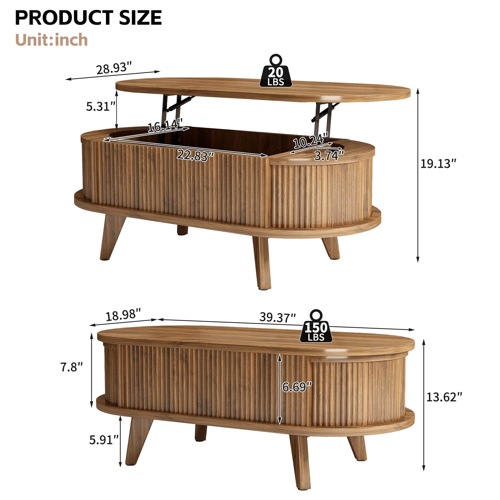 Hommoo Fluted Lift Top Coffee Table with Hidden Storage Compartments, Mid-Century Modern Oval Wooden Center Table for Living Room, Office & Small Spaces, Walnut