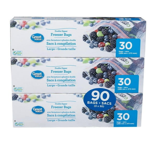 Great Value Double Zipper Freezer Bags, 90 Bags