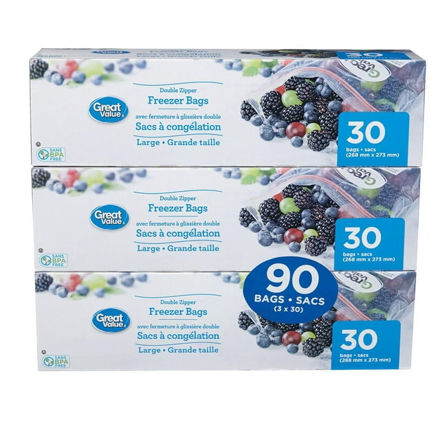Great Value Double Zipper Freezer Bags, 90 Bags