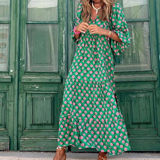 boho dress sale RYDCOT Dresses for Women 2024 Casual Loose Bohemian Floral Long Maxi Summer Beach Swing Dress Wedding Guest Dress Green Size:Dress Size Pants:28 Has pink accents in $100 TO $150 Usha Vance's dress: US