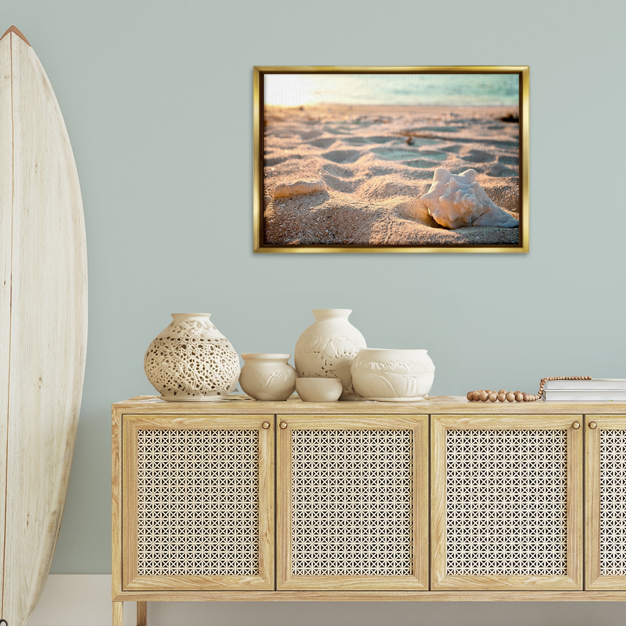 Stupell Industries Conch Shell in Sand Coastal Photography Gold Floater Framed Canvas Art Print Wall Art, 31 x 21