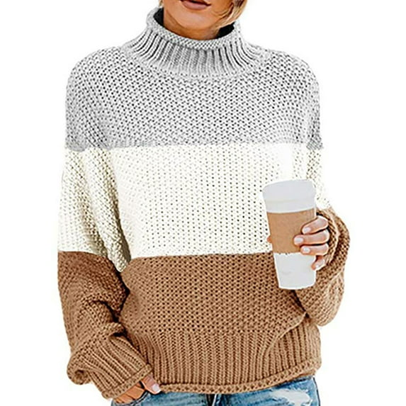 TWZH Women Tricolor High Collar Long Sleeve Sweater Tops