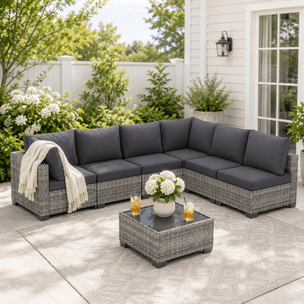YIORTWO 7-Piece Outdoor Patio Furniture Set, Modular Wicker Sectional Sofa with 3.15" Thick Cushions, All-Weather Rattan Conversation Set with Tempered Glass Table, Grey