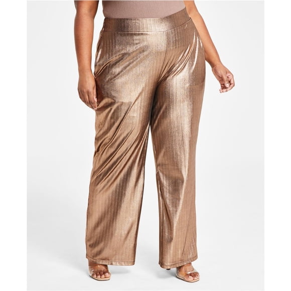 Nina Parker Womens Metallic Wide Leg Relaxed Casual Pants, Beige, Plus Size, 3X