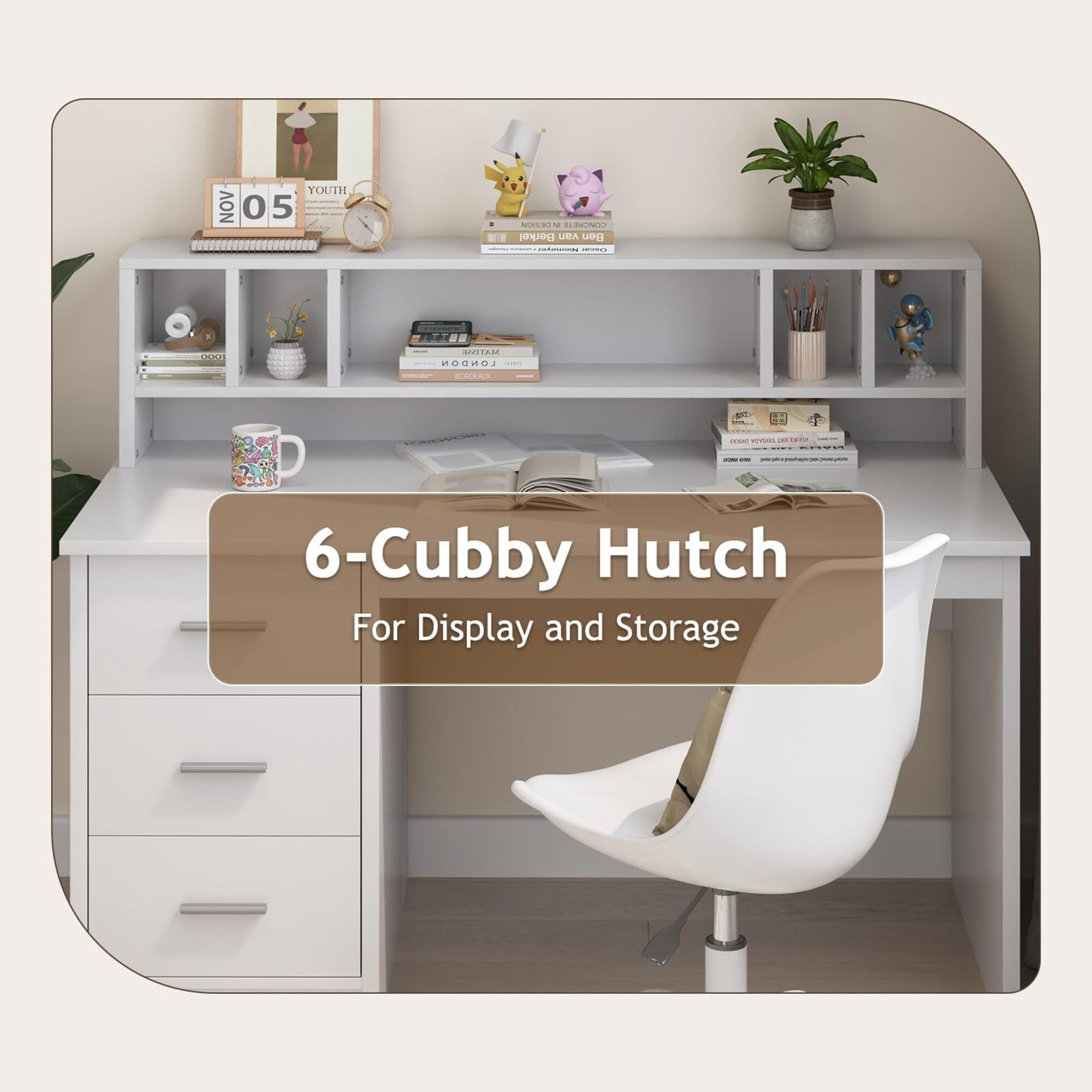 46-Inch Home Office Desk with Hutch & 3 Storage Drawers, White Finish, Small Space Writing Study Table for Home Office/Study Room