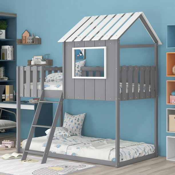Wooden Twin Over Full Bunk Bed Loft With Playhouse Farmhouse Ladder Guardrails For Kids Toddlers Boys Girls Gray Slide Com Wooden Twin Over Full Bunk Bed Loft, Baldwin Blue Twin Over Full L Shaped Bunk Beds With Storage
