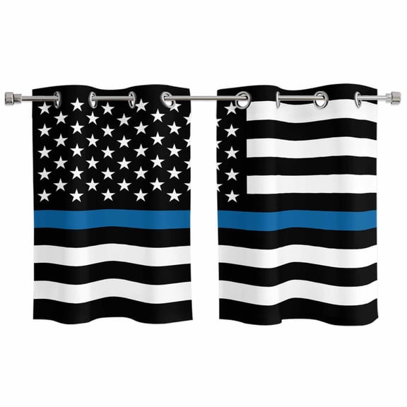 Blue White American Police Flag Kitchen Curtains Small Short 39 Inch Length, Honoring Law Enforcement Officers Bedroom Living Room Curtains, Light Filtering Cafe Curtain Drapes 2 Panels Set 55''x39''