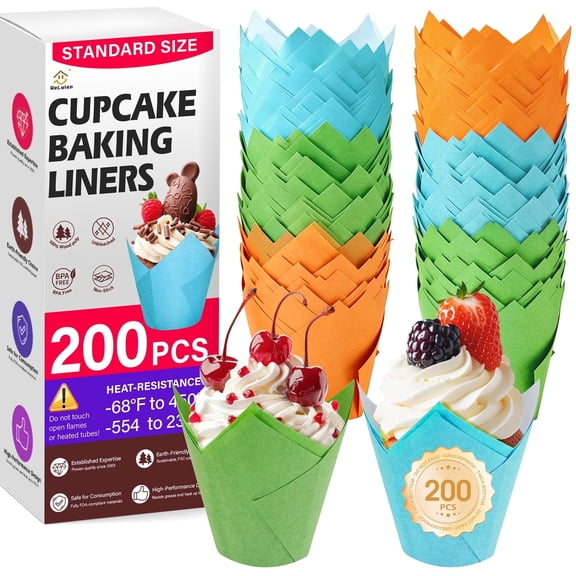 ReLuien Cupcake Home Tulip Cupcake Liners, Non-Stick 200 Count Natural Unbleached Parchment Paper Muffin Cups