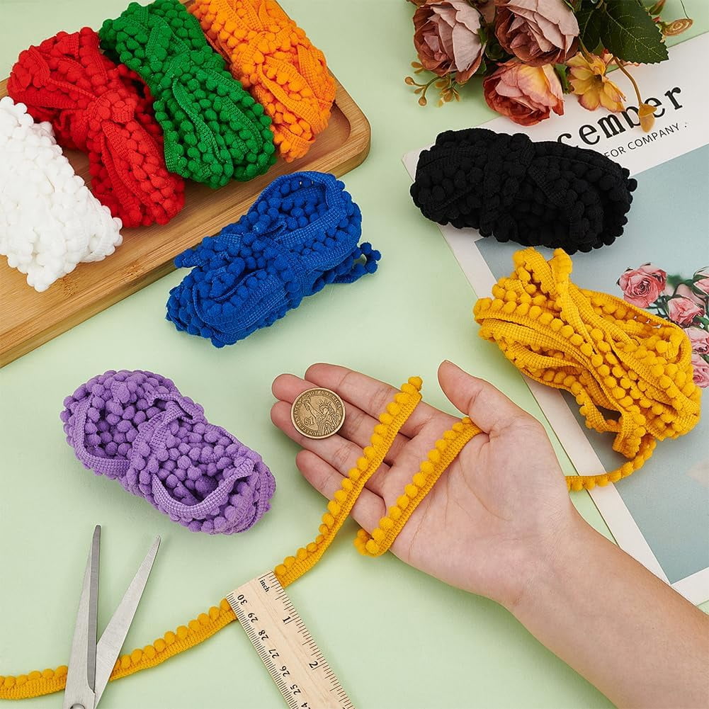 40 Yards Pom Pom Fringe Trim 3/8/10mm Balls Fringe Trim Multicolor Pom Pom Ball Fringe Trim Ribbon Pom Fringe Tassel Lace Ball Fringe Ribbon for Decoration DIY Crafts Sewing Colorful